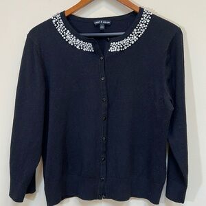 Womens Cable & Gauge Black Cardigan Sweater XL Beaded Neckline Elegant Classic